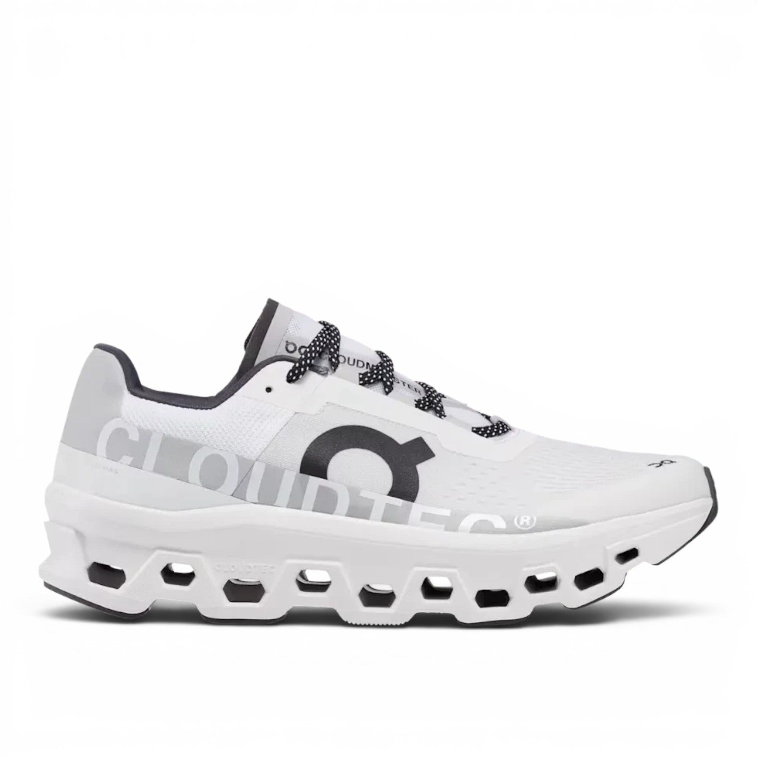 ShoeShopHere white ON Cloud - Cloudmonster running shoe with black logo and laces, made from recycled polyester.