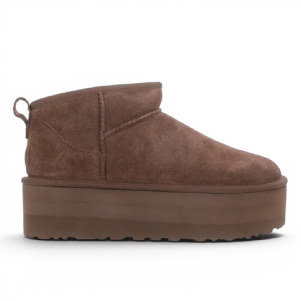 ShoeShop brown suede Classic Ultra Mini Platform UGG boots with a 5cm sugar cane EVA sole.