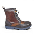 ShoeShop Uncle Paul KLAARA brown and grey leather wingtip boots with blue sole and side zip. Includes extra brown laces.