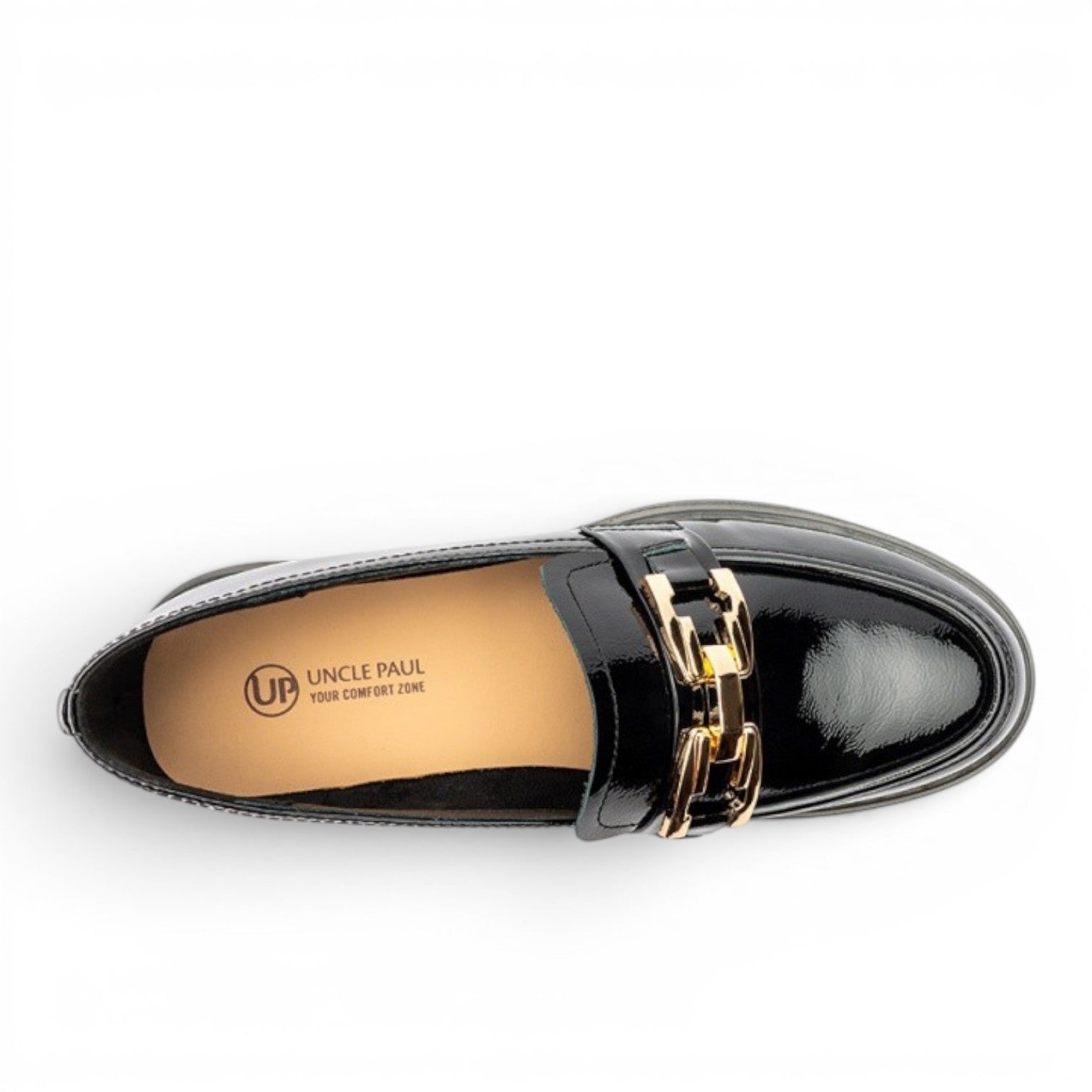 ShoeShopHere Uncle Paul TIINA black patent leather loafers with gold chain detail and 3.5cm heel.