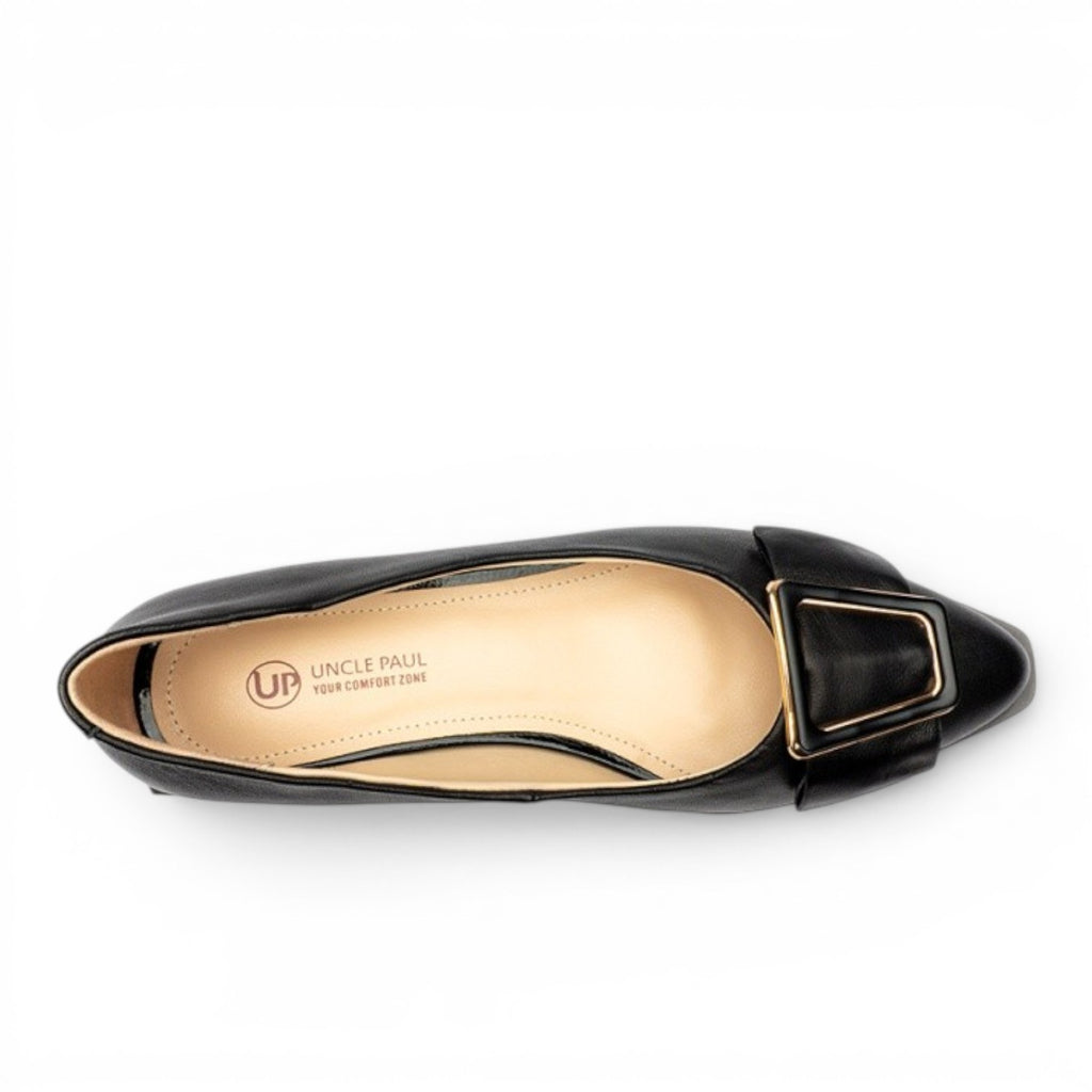 ShoeShop Uncle Paul TILDA black leather ballet flats with gold buckle detail.