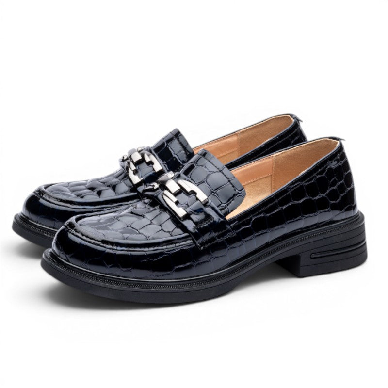 ShoeShopHere black crocodile-embossed leather loafers with silver chain detail and chunky sole.