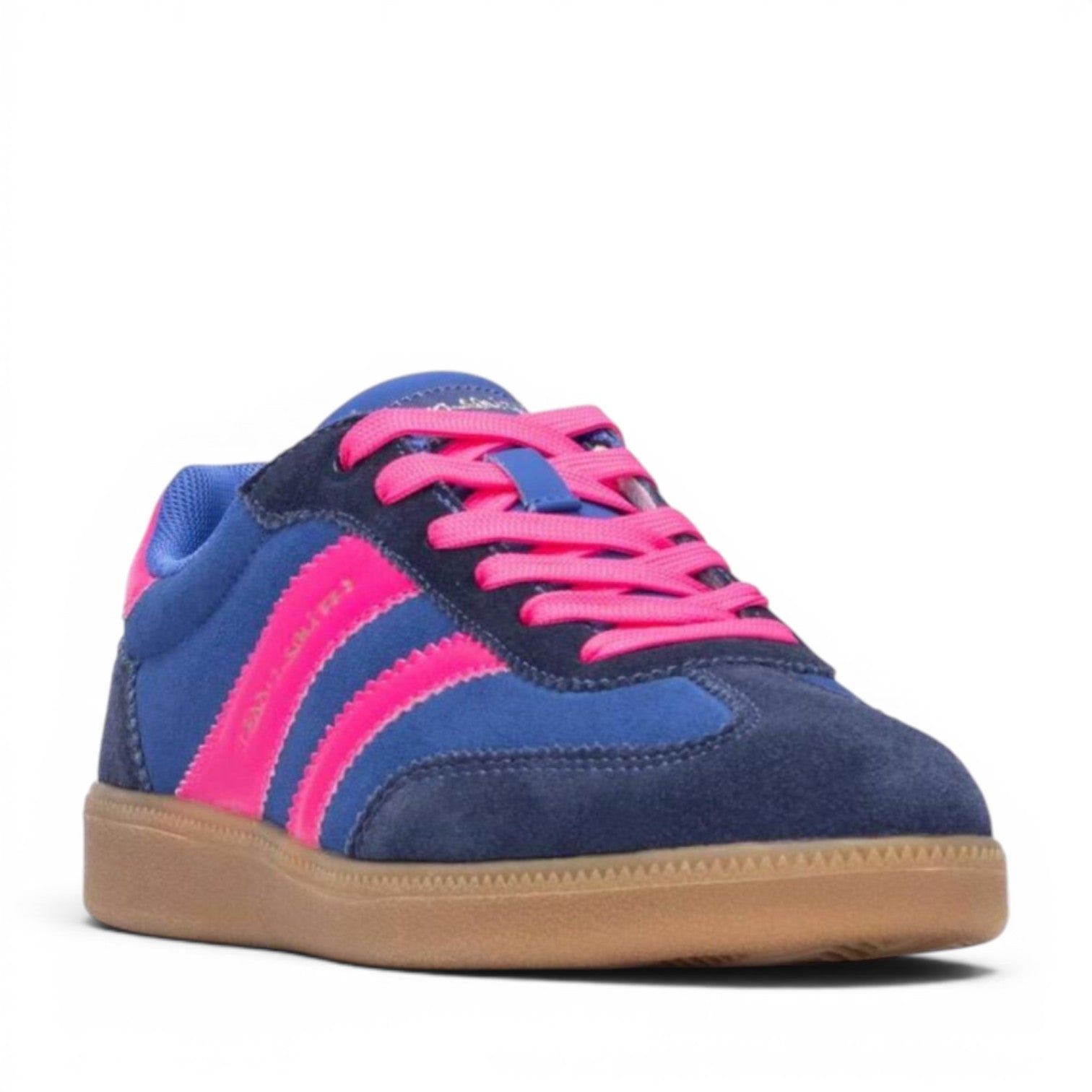 ShoeShopHere blue and pink suede and synthetic leather sneakers with rubber sole.