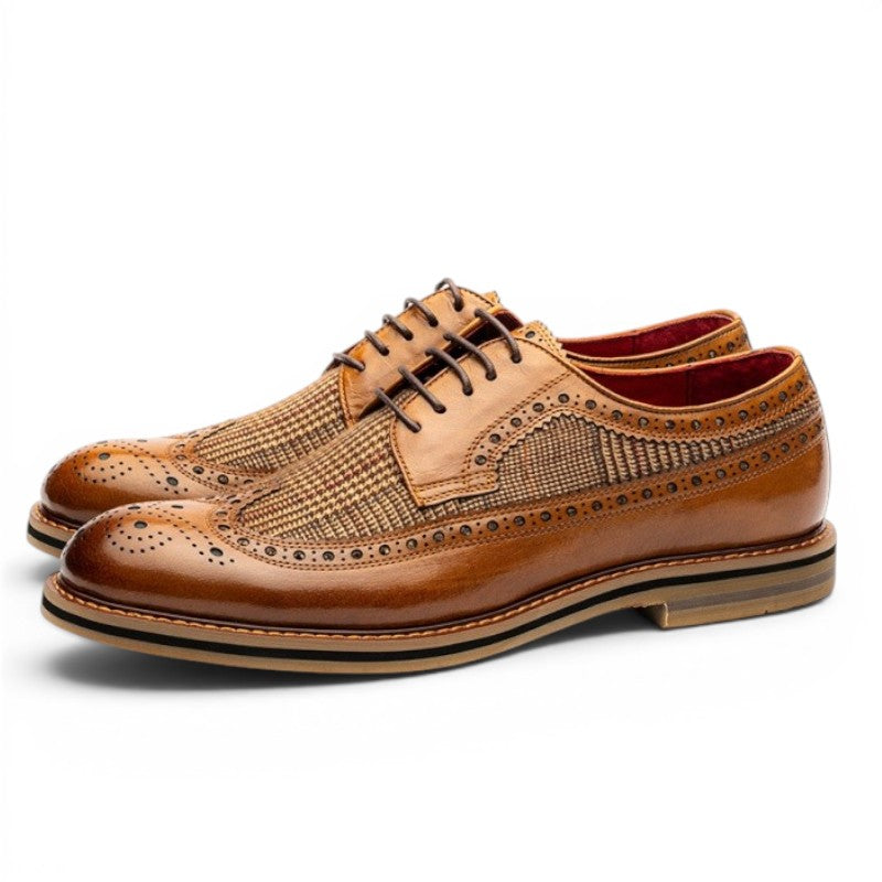 ShoeShopHere ROLF men's brown leather and tweed wingtip brogue shoes with lace-up closure.