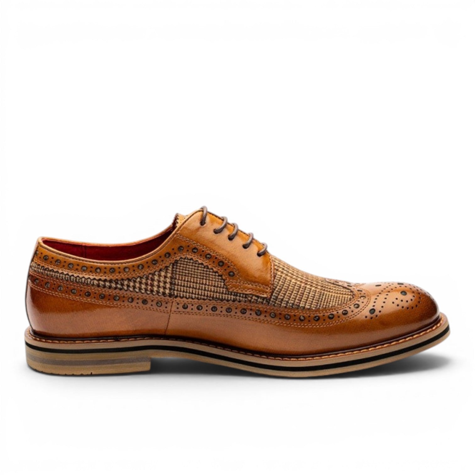 ShoeShopHere ROLF men's brown leather and tweed wingtip derby shoes with brogue perforations.