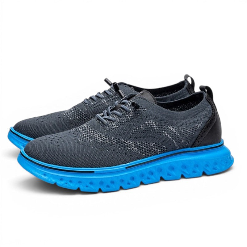 ShoeShopHere Uncle Paul JUHAN-1 dark grey knit sneakers with bright blue soles and black heel accents.