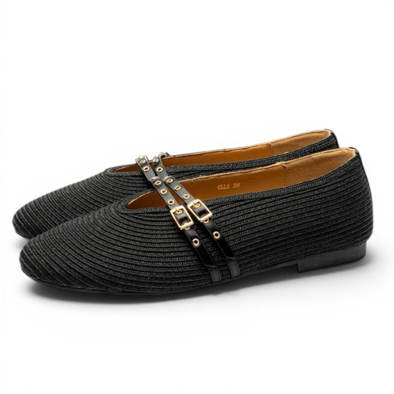 ShoeShopHere black textile ballet flats with leather lining and double strap detail with gold buckles.