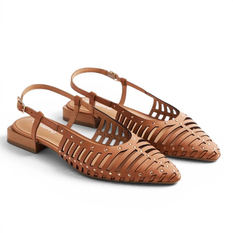 ShoeShopHere brown leather slingback flats with cut-out detail and gold stud accents.