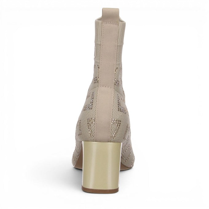 ShoeShop beige textile ankle boots with glitter pattern and 6cm block heel