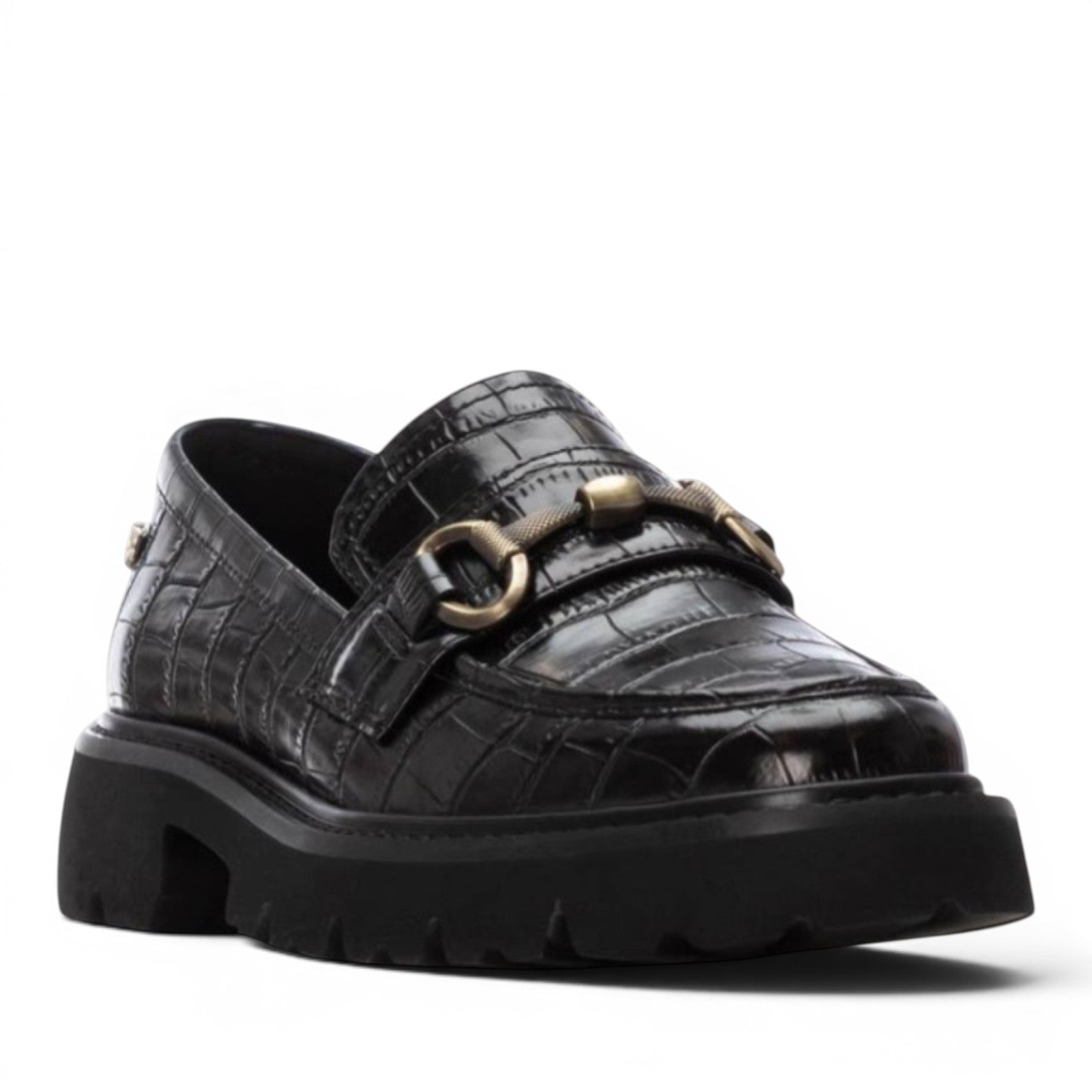 ShoeShop black synthetic croc-embossed loafer with gold hardware and chunky sole.