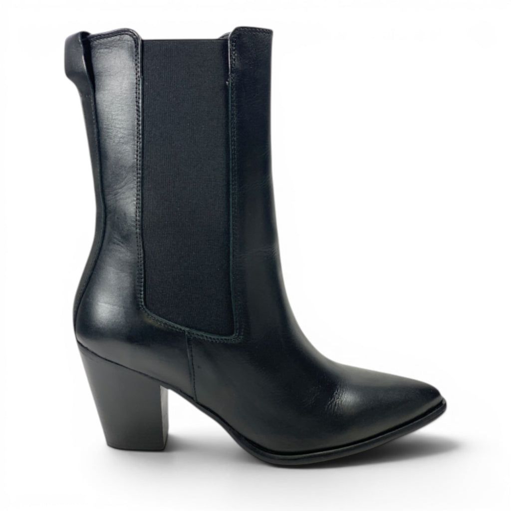 ShoeShop black leather ankle boots with elastic side panels and a block heel. Features a pointed toe and side zipper.
