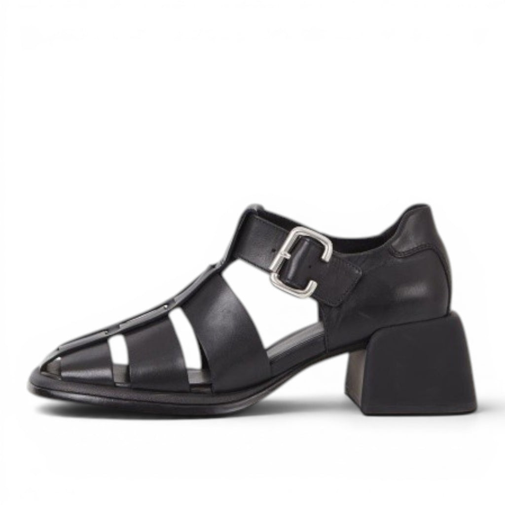 ShoeShop black leather caged sandal with buckle detail and block heel.