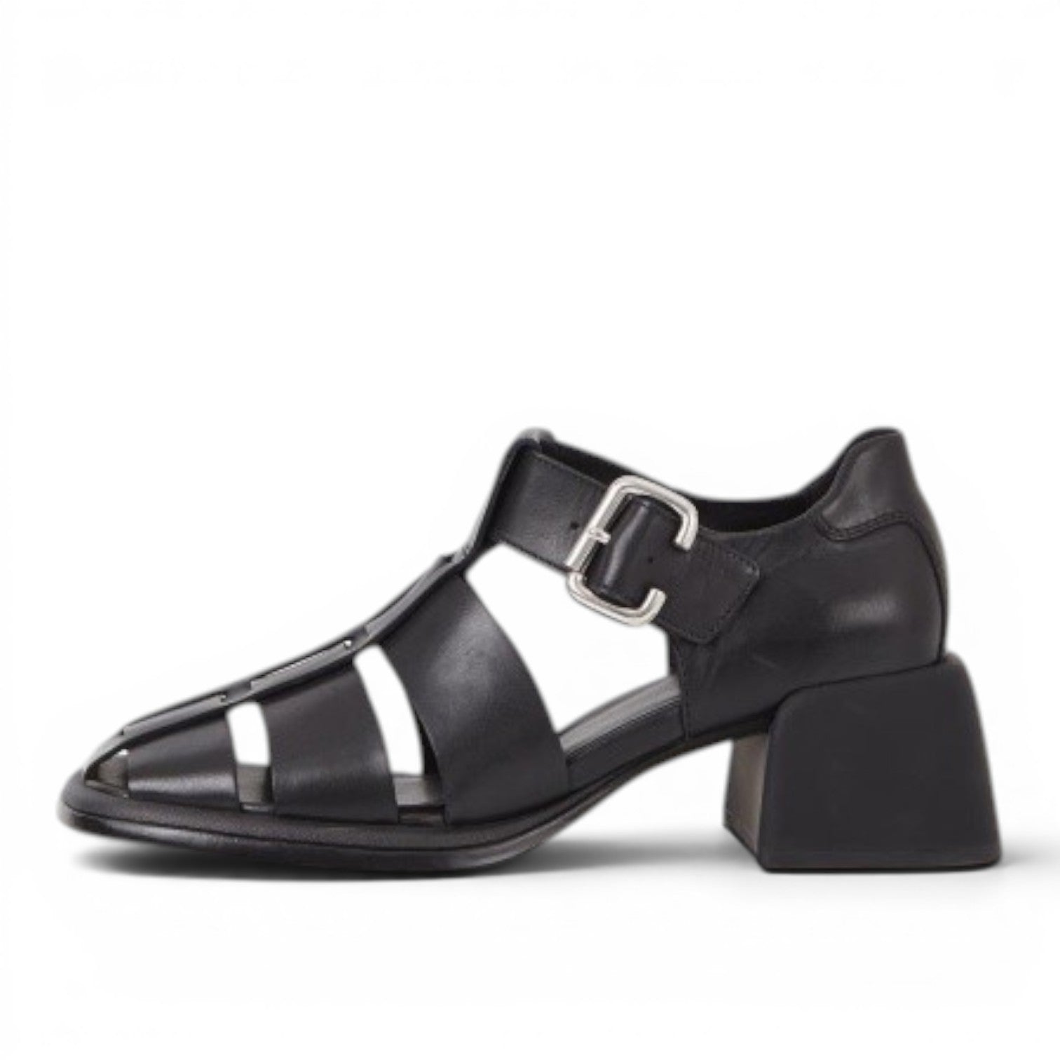 ShoeShop black leather caged sandal with buckle detail and block heel.