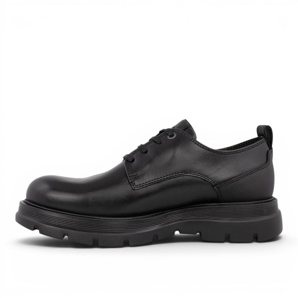 ShoeShop black leather derby shoes with a chunky sole and lace-up closure.