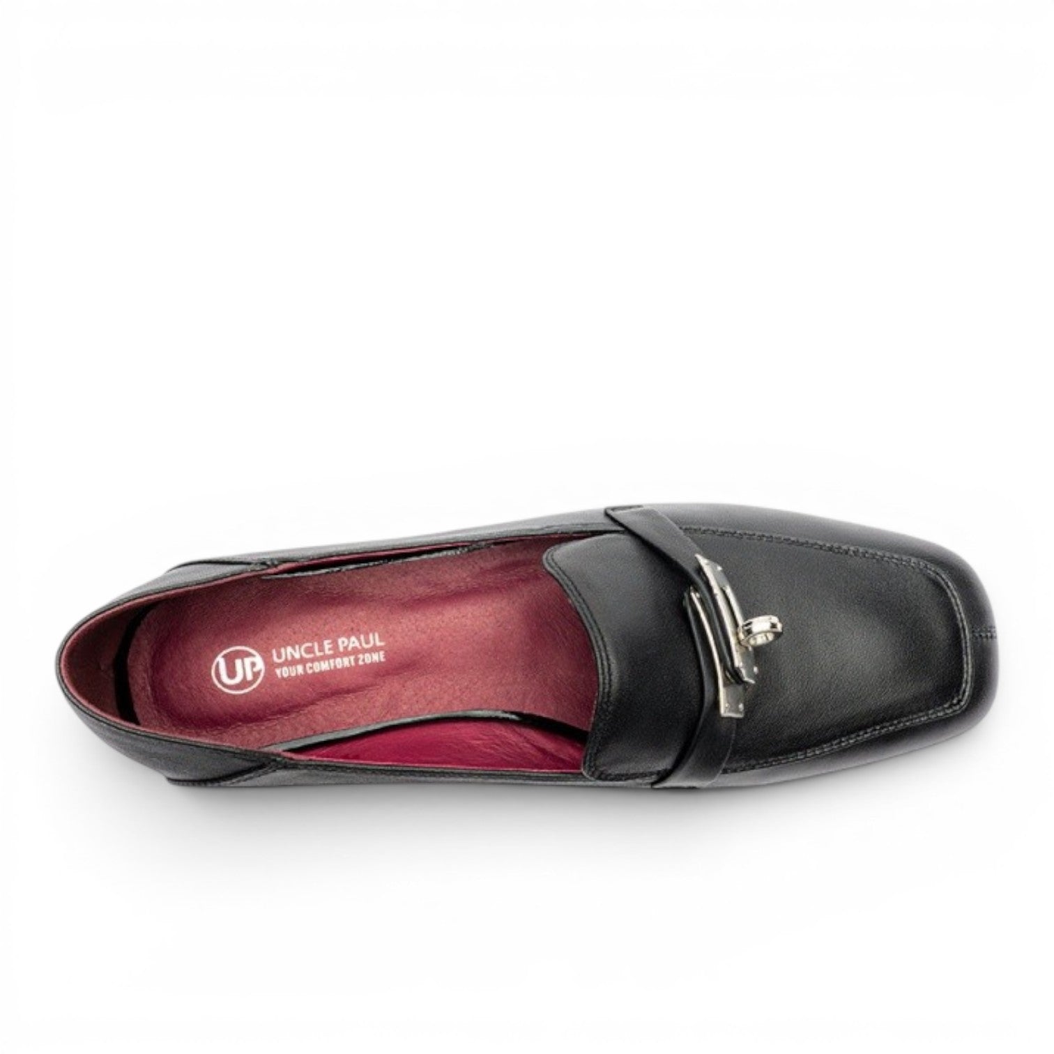 ShoeShop black leather loafers with silver buckle detail and red interior. "MAIMU" style.