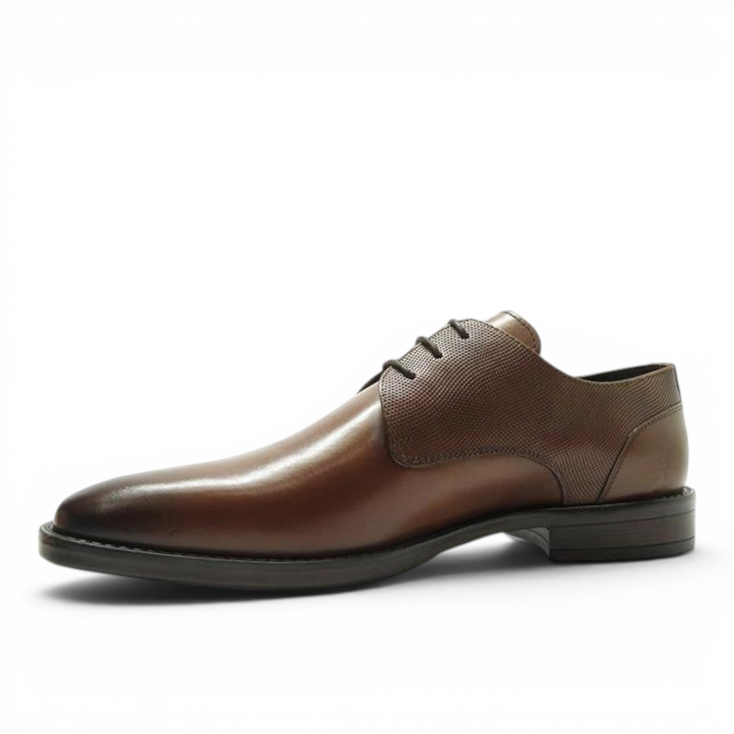 ShoeShop brown leather derby shoes with textured panels and a low heel. Classic dress shoe style.