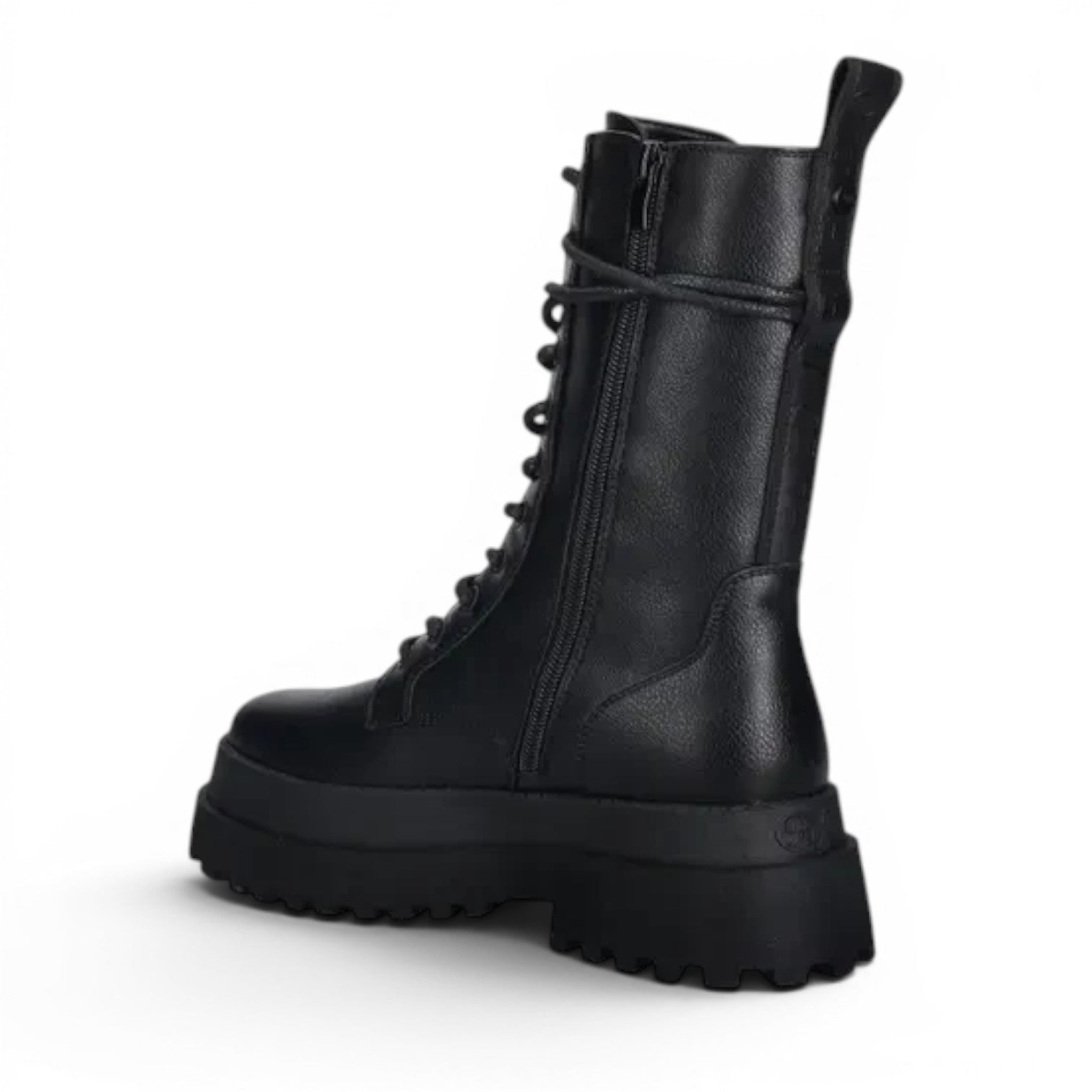 ShoeShop Buffalo black leather lace-up mid-calf combat boots with chunky platform sole.