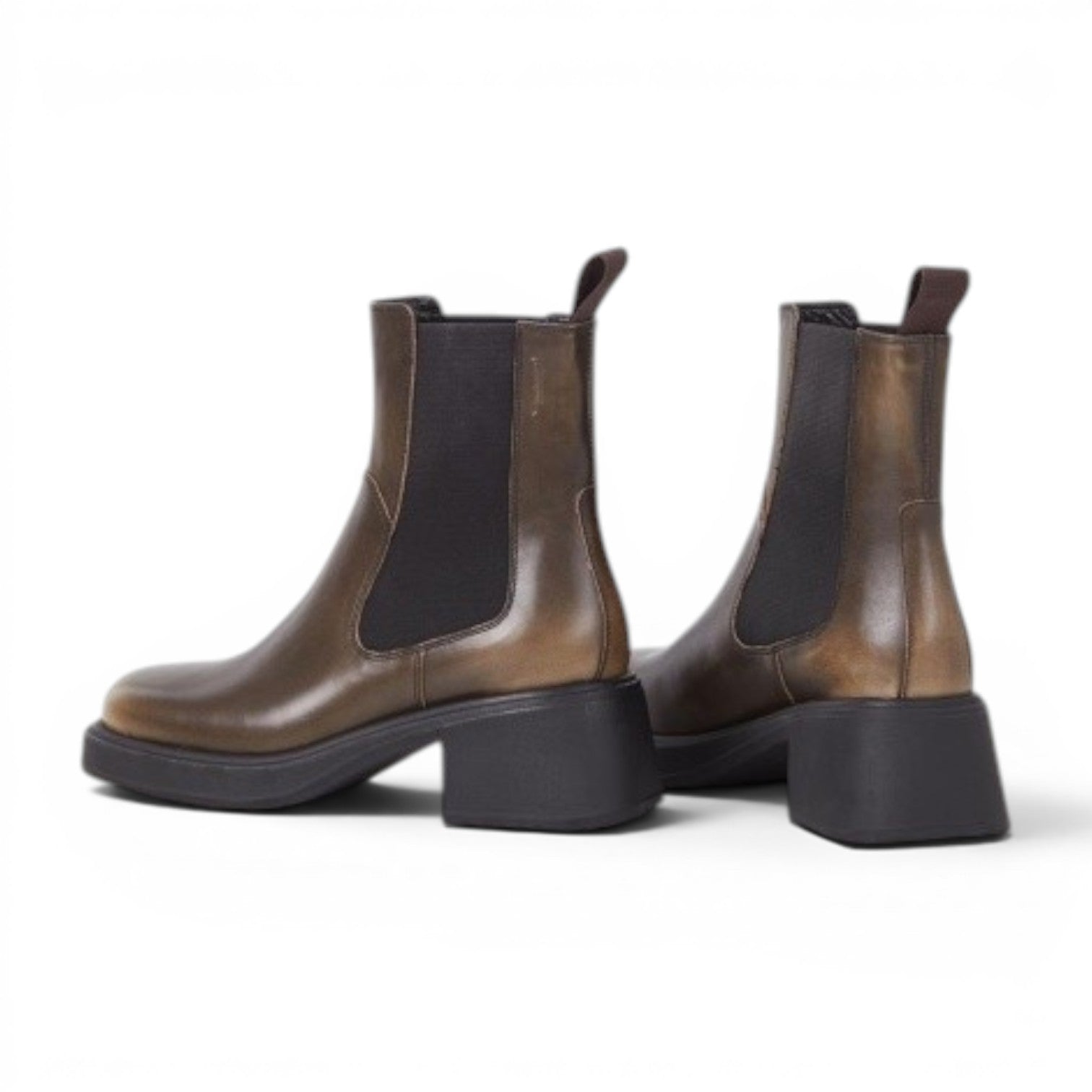 ShoeShop Chelsea style leather ankle boots in olive green with elastic side panels and a block heel.