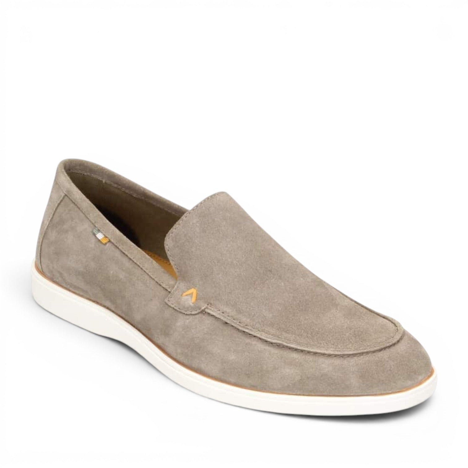 ShoeShop grey suede slip-on loafers with orange accent details and white soles. Real leather.