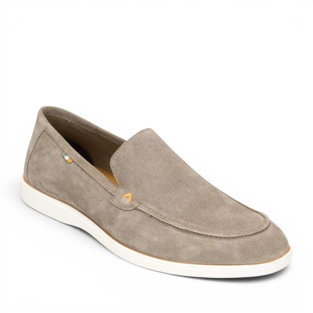 ShoeShop grey suede slip-on loafers with orange accent details and white soles. Real leather.