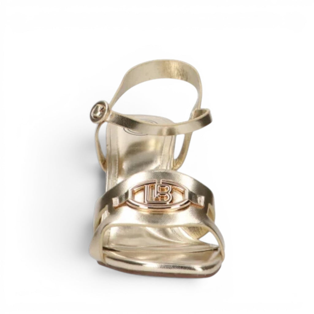 ShoeShop Laura Biagiotti 9051 gold synthetic sandals with 9cm heel and decorative buckle.