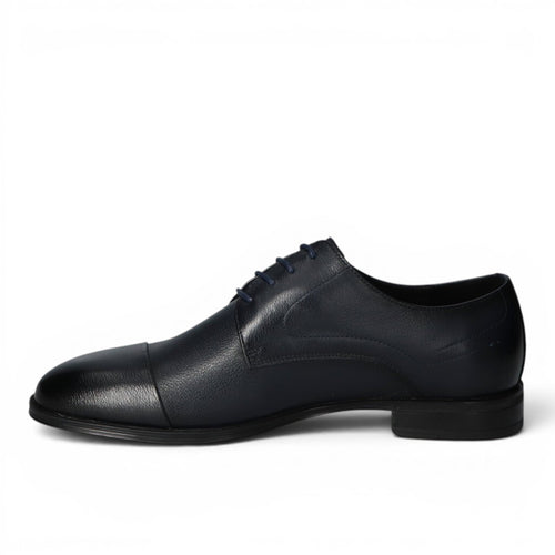 ShoeShop navy blue leather cap-toe oxford dress shoe with dark laces.