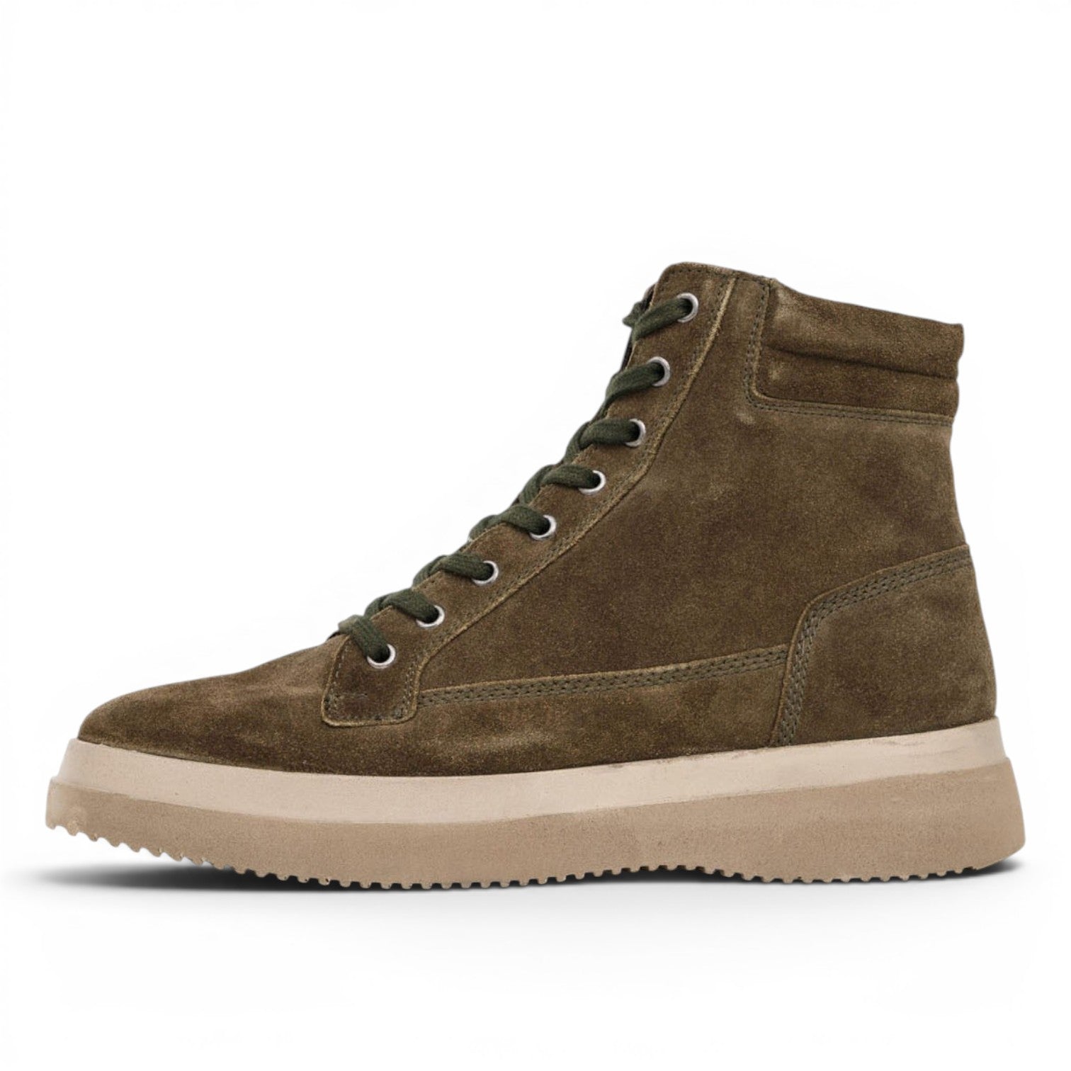 ShoeShop olive green suede leather high-top sneakers with textile lining and lace-up closure.