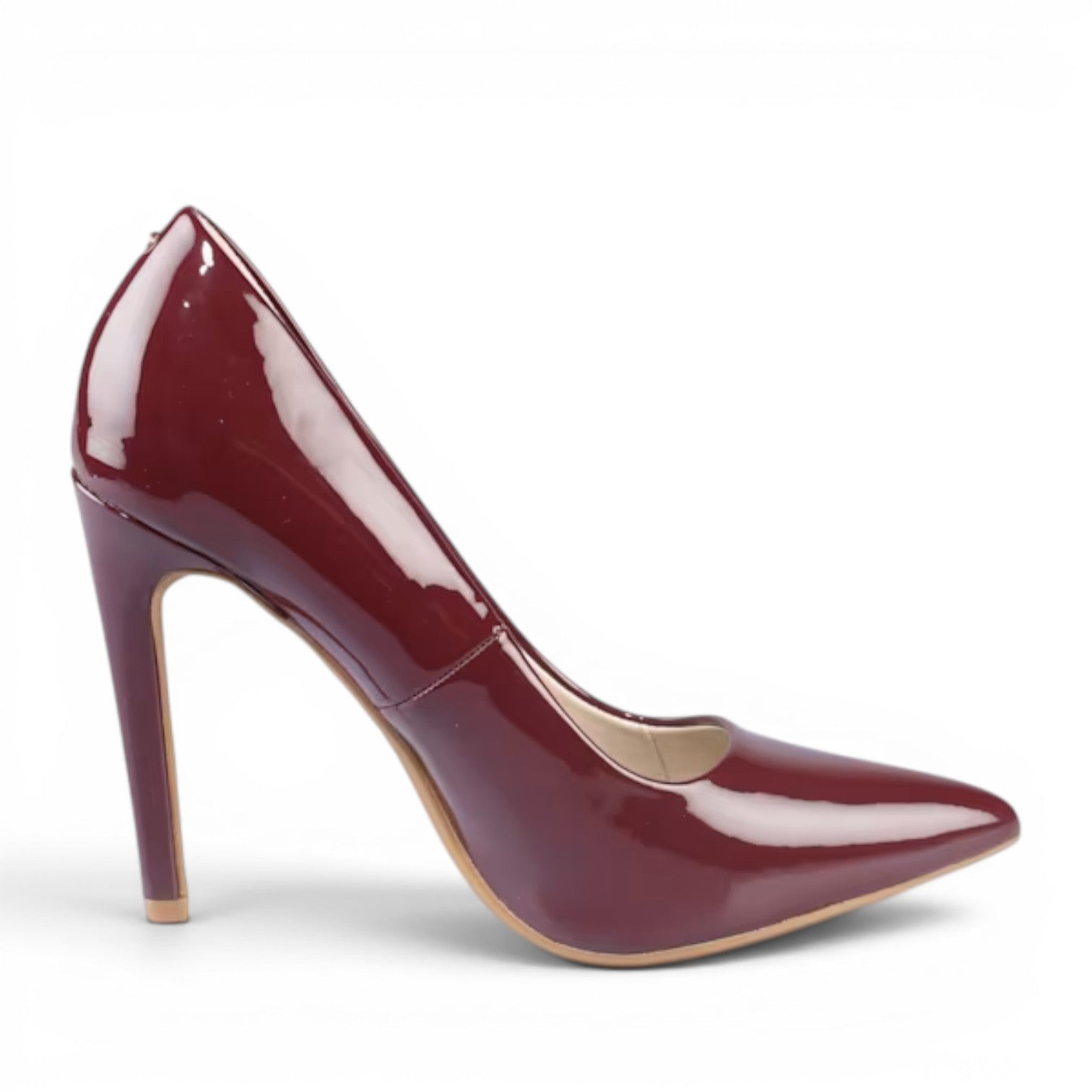ShoeShop Sienna pump in glossy burgundy patent leather with a pointed toe and stiletto heel.