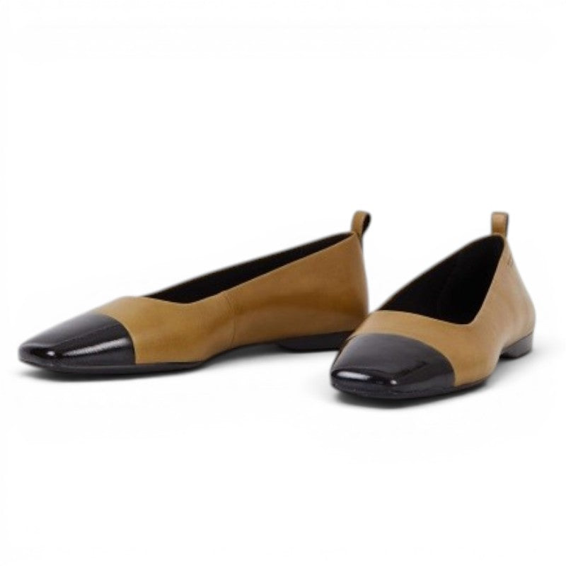 ShoeShop women's tan leather ballet flats with black patent toe caps and low 12mm heel.