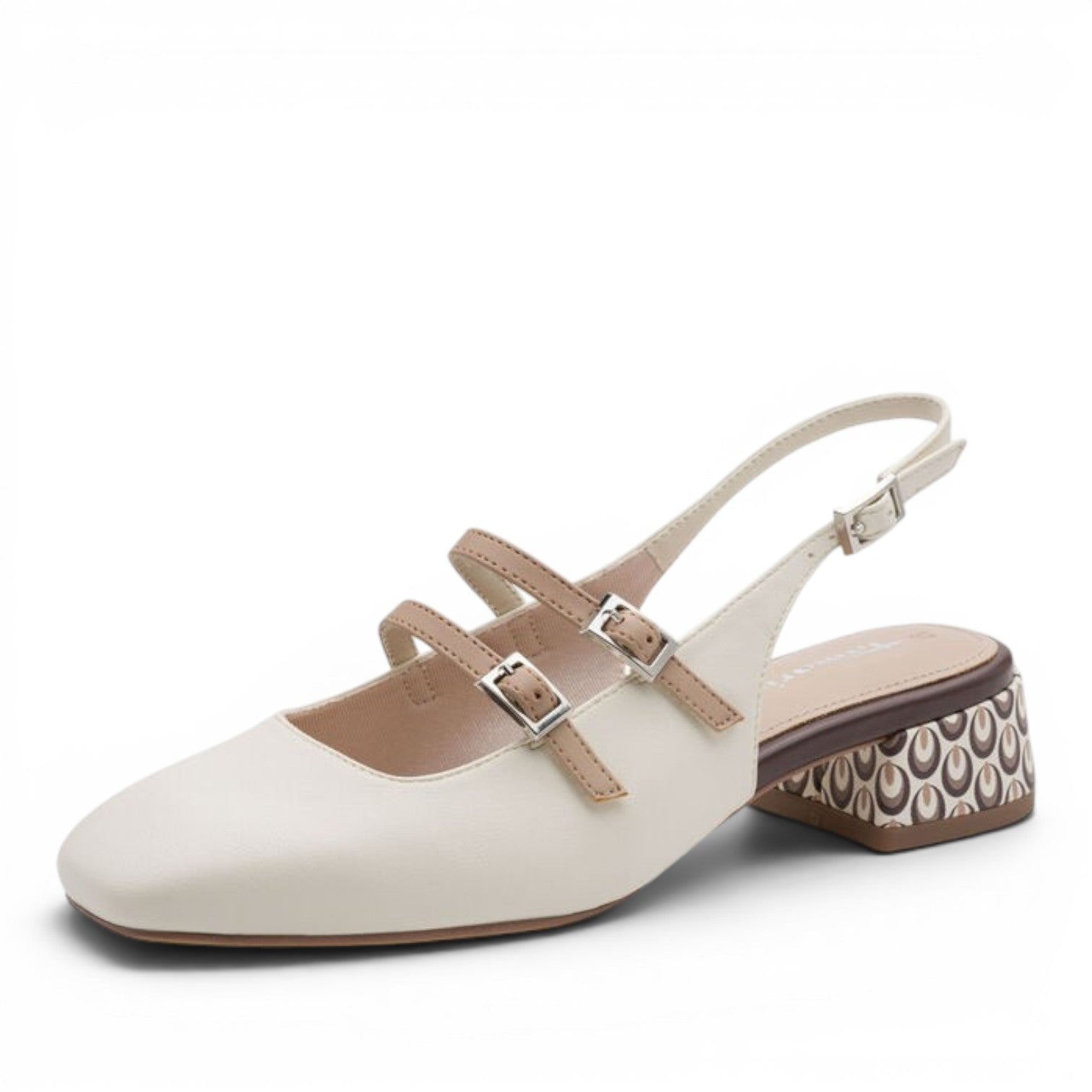 ShoeShop white synthetic slingback heels with double buckle straps and a patterned block heel.