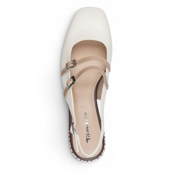 ShoeShop white synthetic slingback shoes with double buckle straps and square toe. 3.5cm heel.