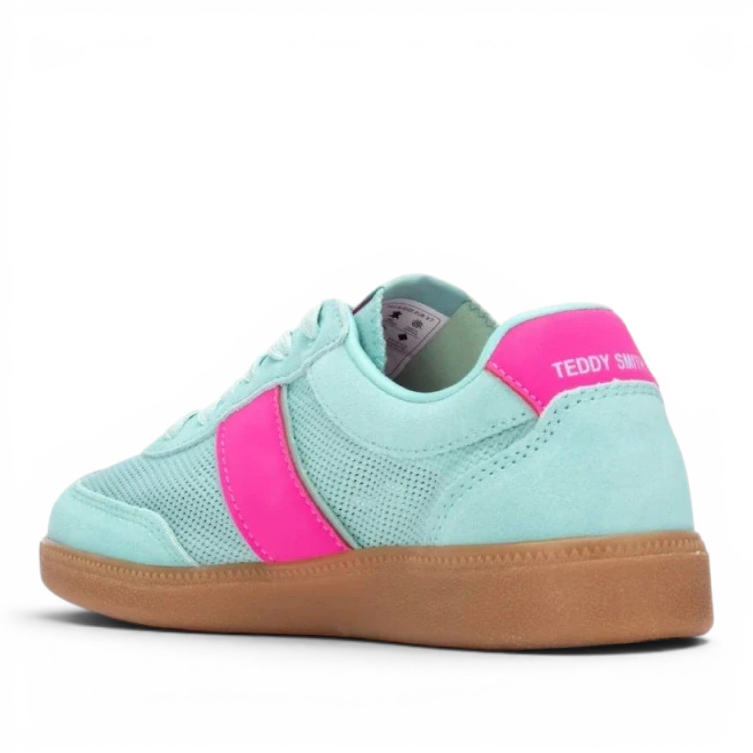 Teddy Smith light blue and pink leather and textile sneakers with a gum sole.