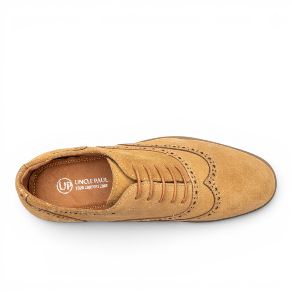Uncle Paul AGNES tan suede wingtip brogue shoes with perforated details and lace-up closure. Leather upper and lining, rubber sole.