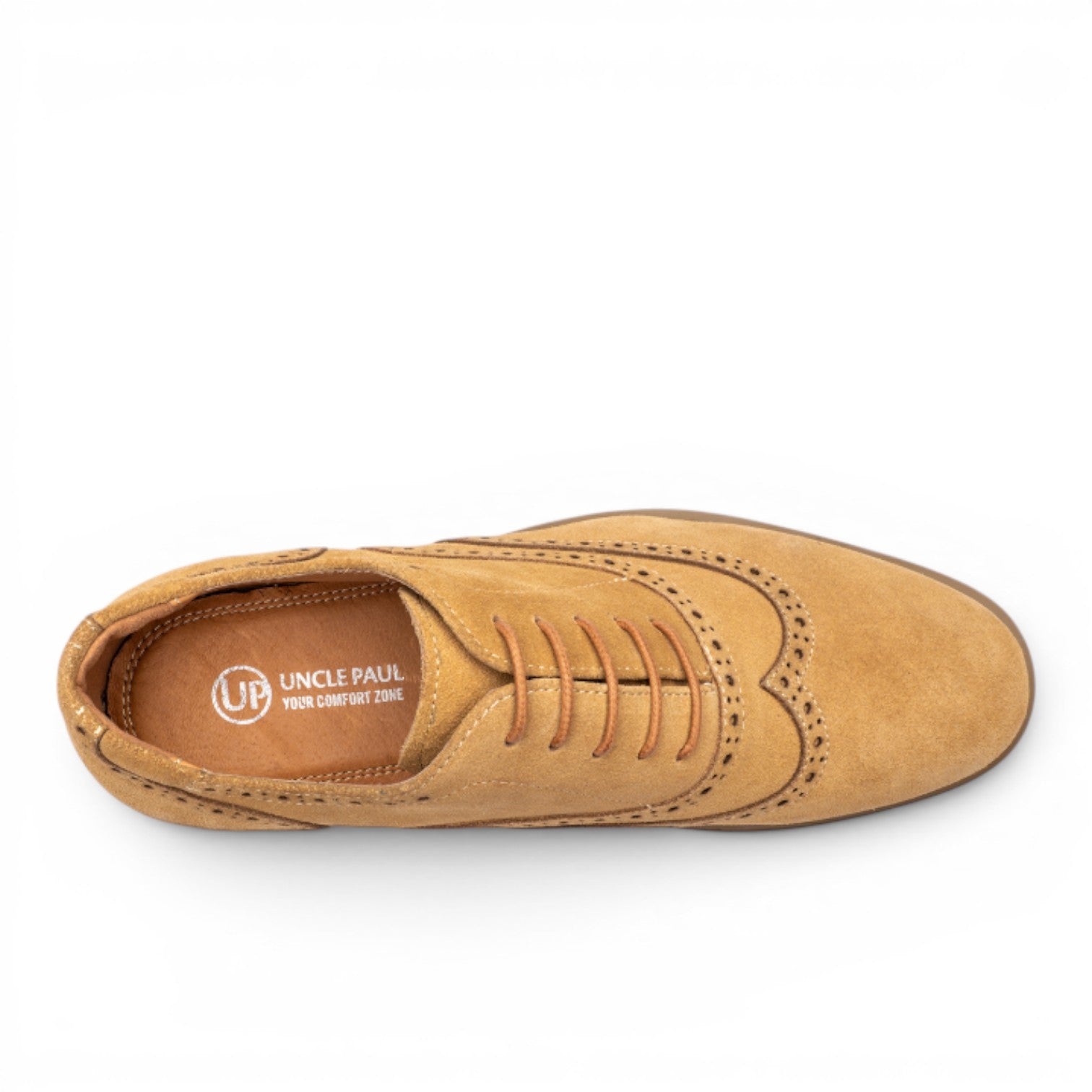 Uncle Paul AGNES tan suede wingtip brogue shoes with perforated details and lace-up closure. Leather upper and lining, rubber sole.