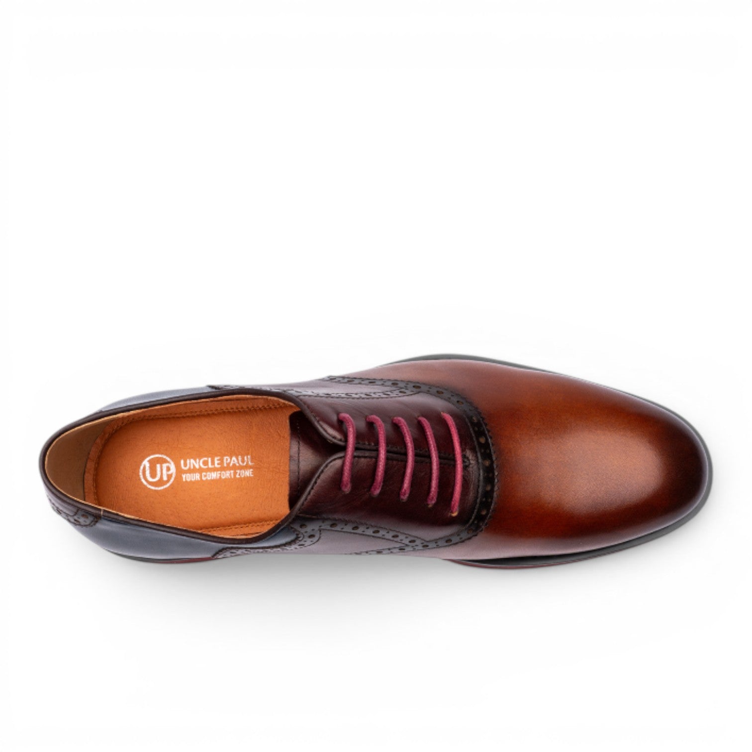 Uncle Paul ALAR men's brown leather dress shoes with red laces and contrasting dark toe cap. Features brogue detailing and a rubber sole.