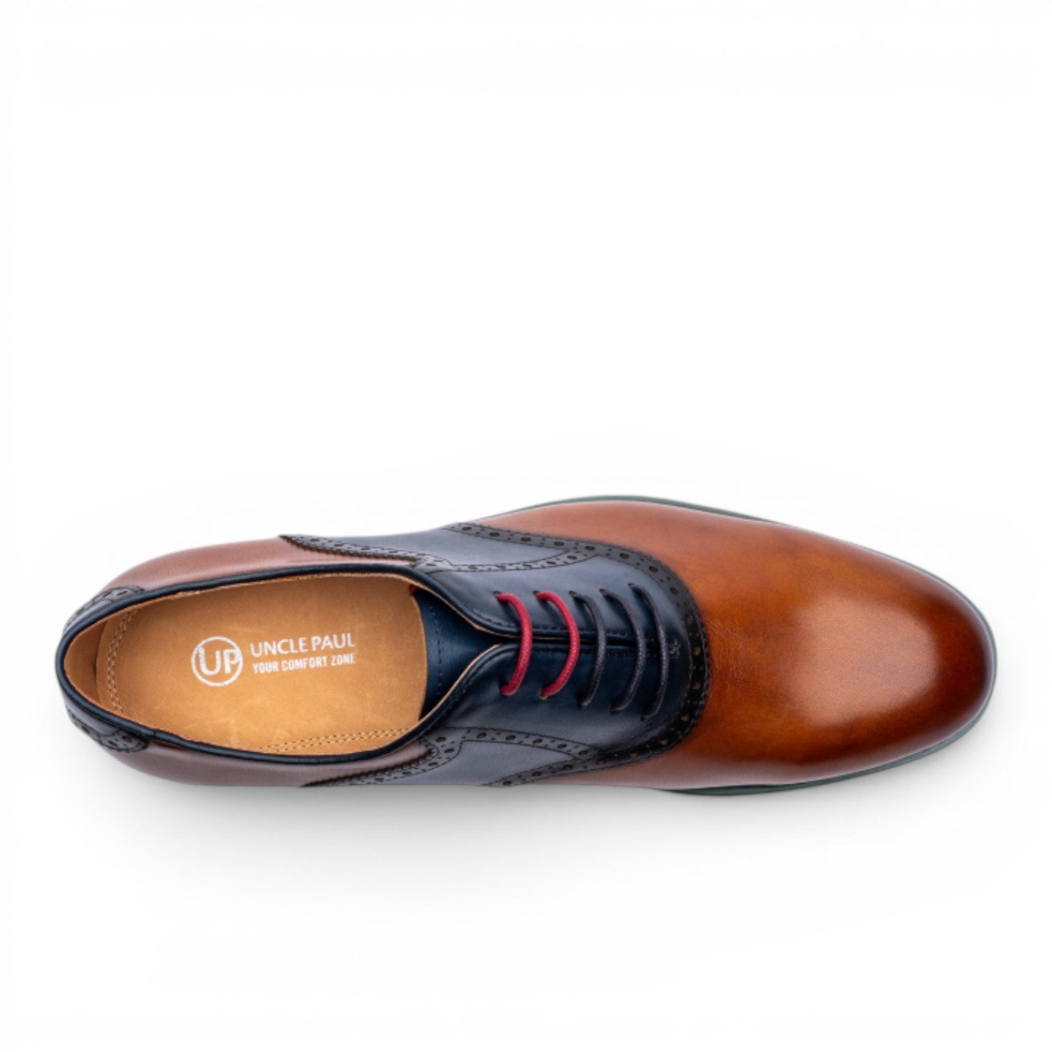 Uncle Paul Alar men's saddle shoes in brown leather with navy blue accents and red laces. Features wingtip detailing.
