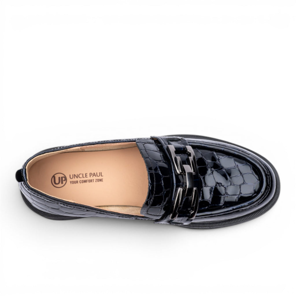 Uncle Paul black crocodile-embossed leather loafers with silver chain detail and rubber sole.