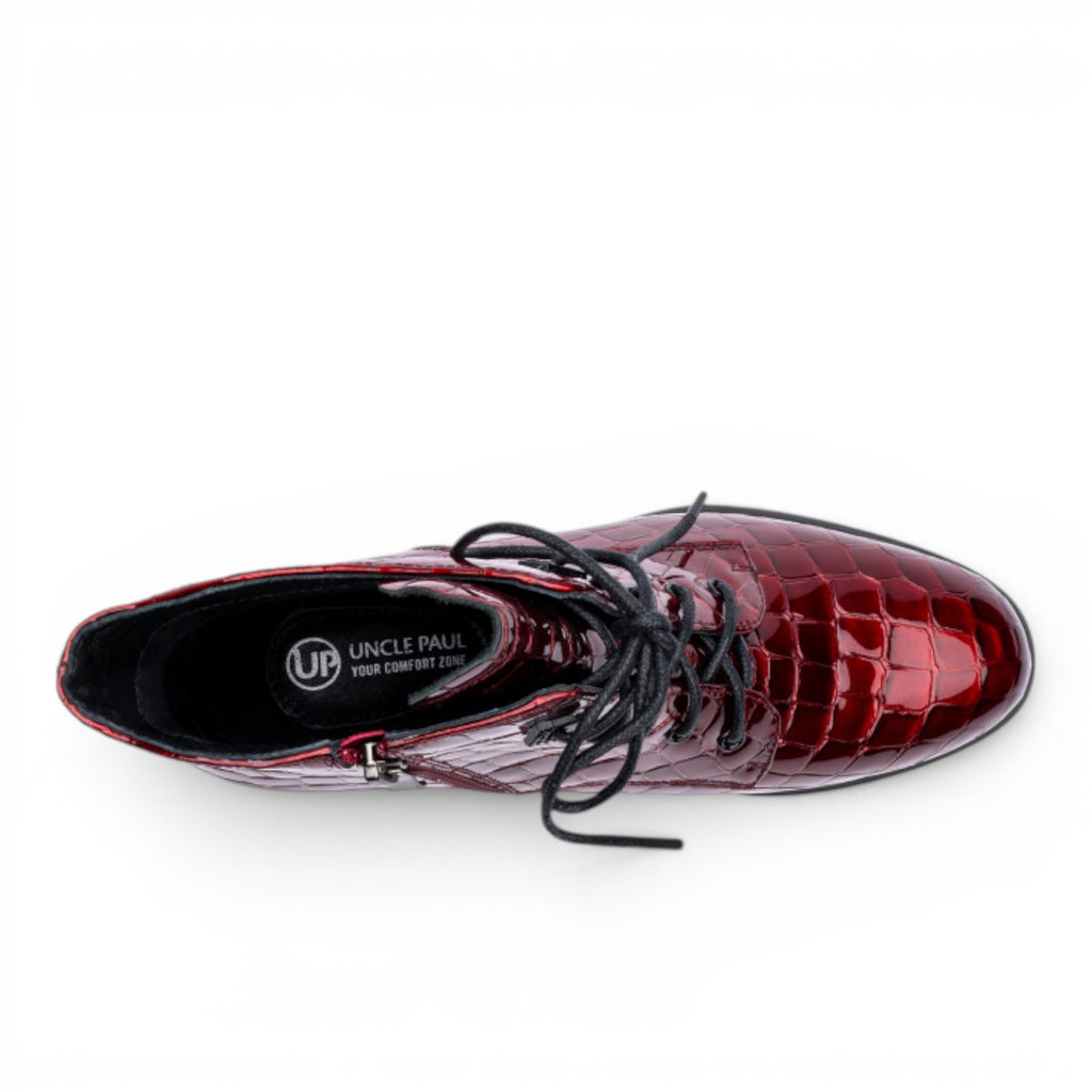 Uncle Paul CLAUDIA red patent leather lace-up ankle boots with a block heel and side zipper. Textured finish.
