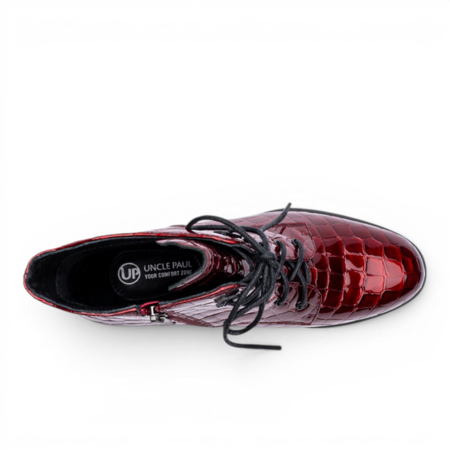 Uncle Paul CLAUDIA red patent leather lace-up ankle boots with a block heel and side zipper. Textured finish.