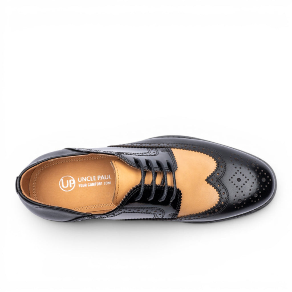 Uncle Paul ERIKA black and tan leather wingtip brogue shoes with perforations and lace-up closure.