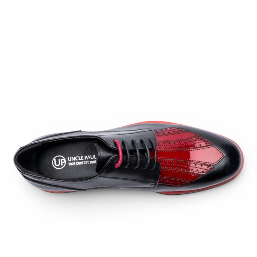Uncle Paul HELMI black and red leather wingtip oxford shoes with pink laces and decorative stitching.