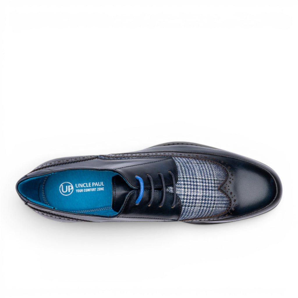 Uncle Paul HERBERT men's dark blue leather and tweed wingtip oxford shoes with brogue detailing and blue laces.