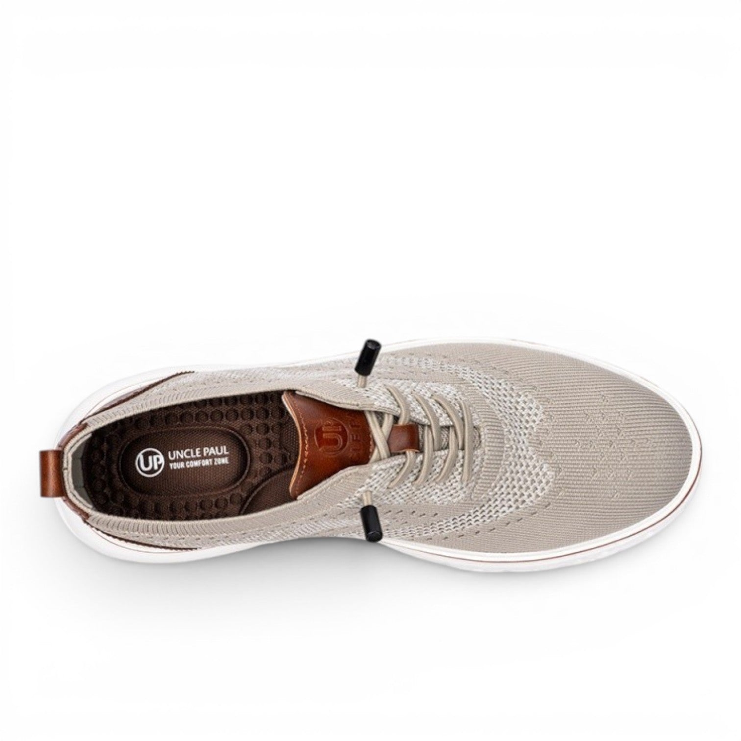 Uncle Paul JUHAN-1 men's tan knit casual shoes with brown leather accents and white soles.