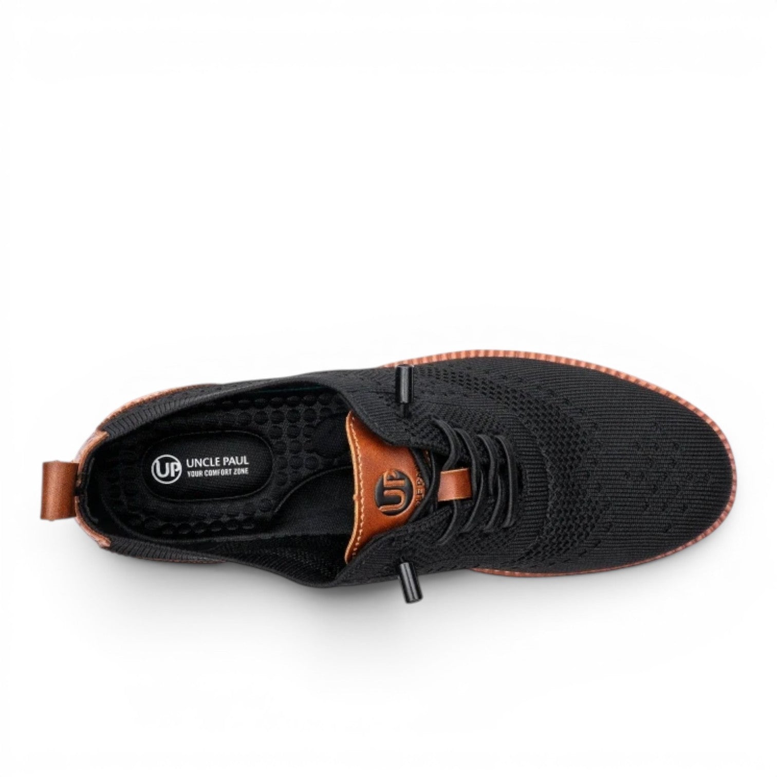 Uncle Paul Juhan black knit men's casual shoes with brown leather accents and a flexible rubber sole.