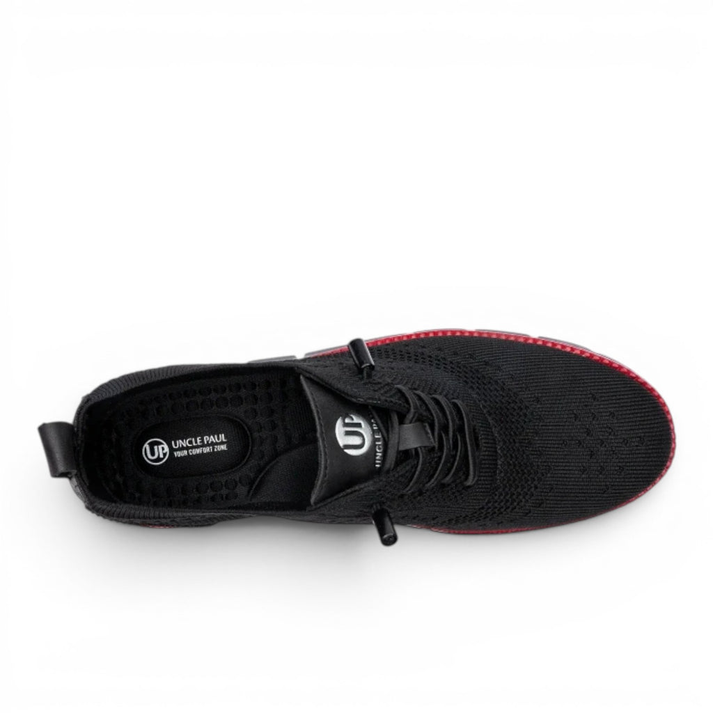 Uncle Paul Juhan black knit men's sneakers with red trim and memory foam insole.