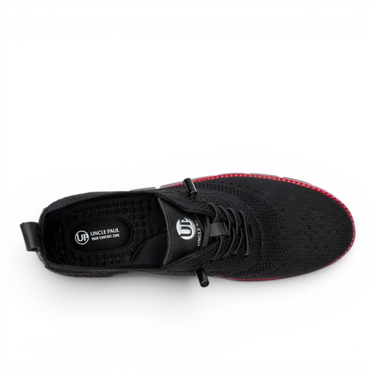Uncle Paul Juhan black knit men's sneakers with red trim and memory foam insole.