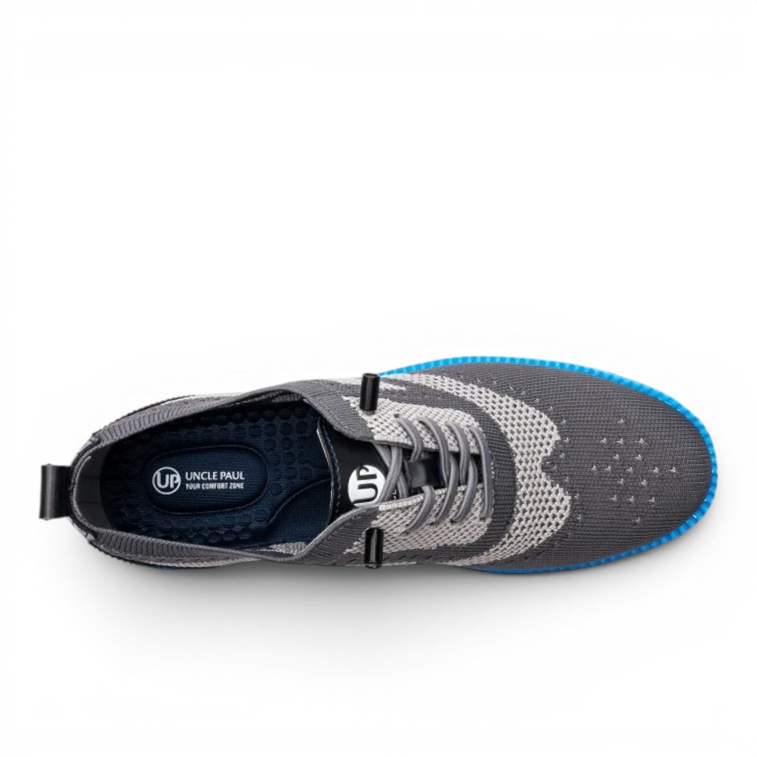 Uncle Paul Juhan men's grey knit sneakers with blue sole accents and brogue-style details. Breathable, elastic fabric.