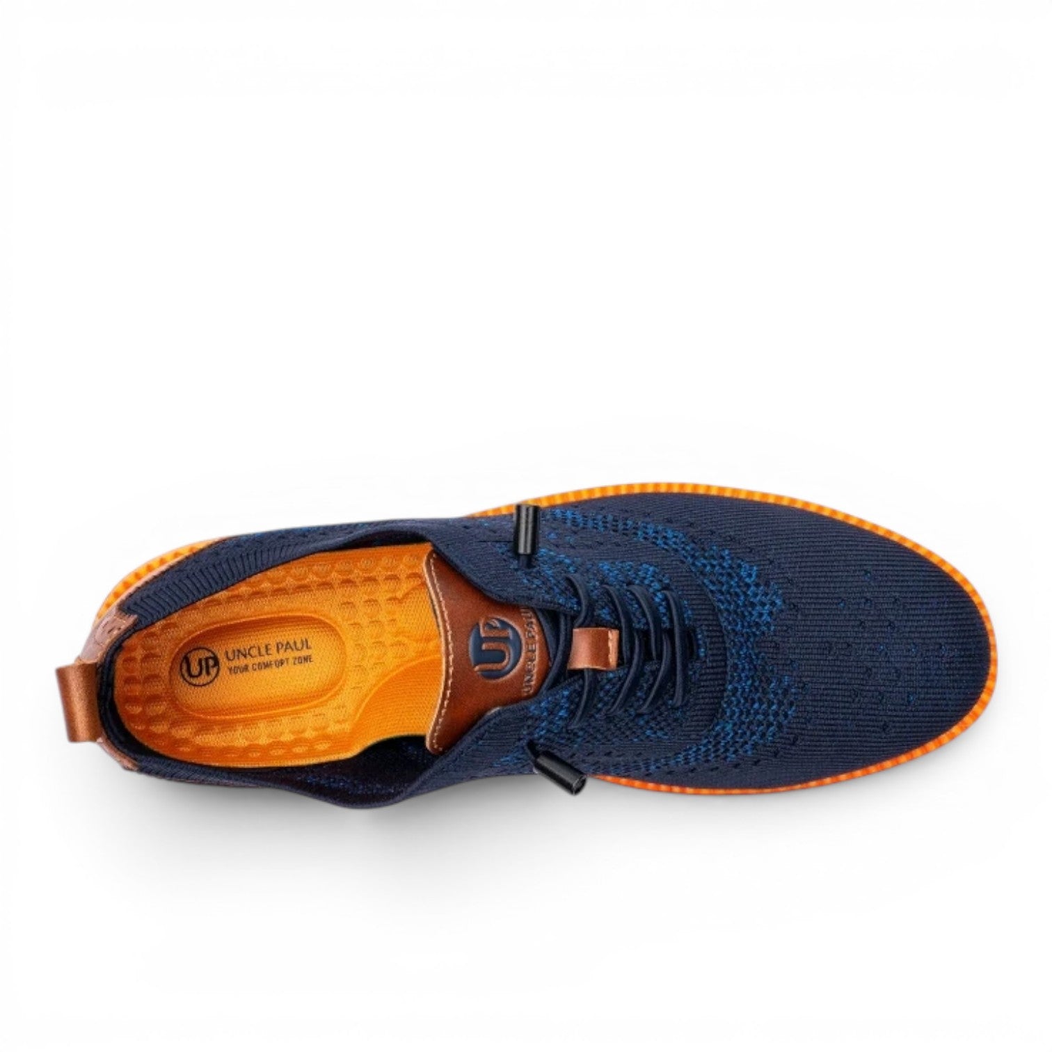 Uncle Paul Juhan men's navy blue knit casual shoes with orange sole detail and memory foam insole.