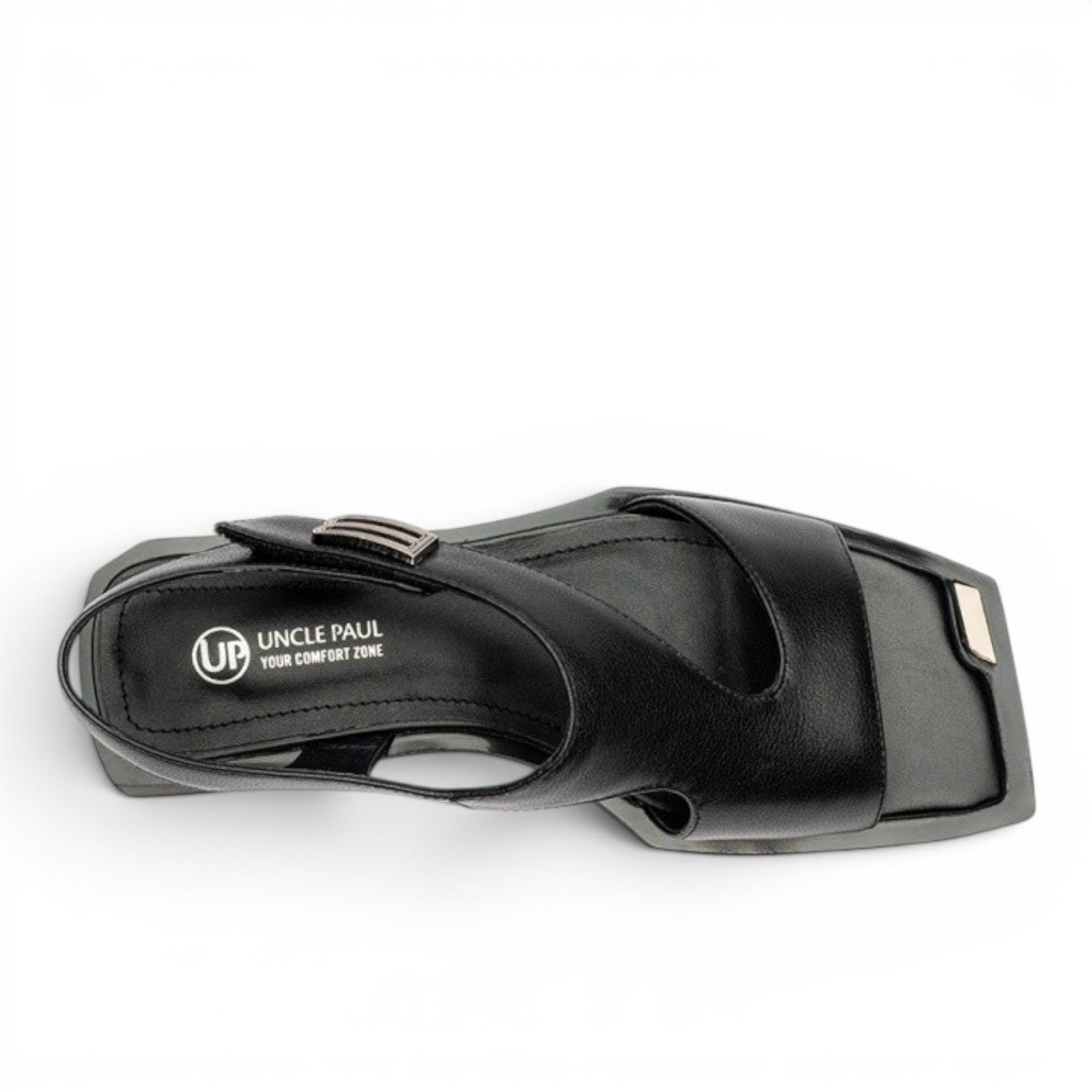 Uncle Paul MEIDA black leather sandals with buckle detail and square toe. Leather lining and rubber sole.