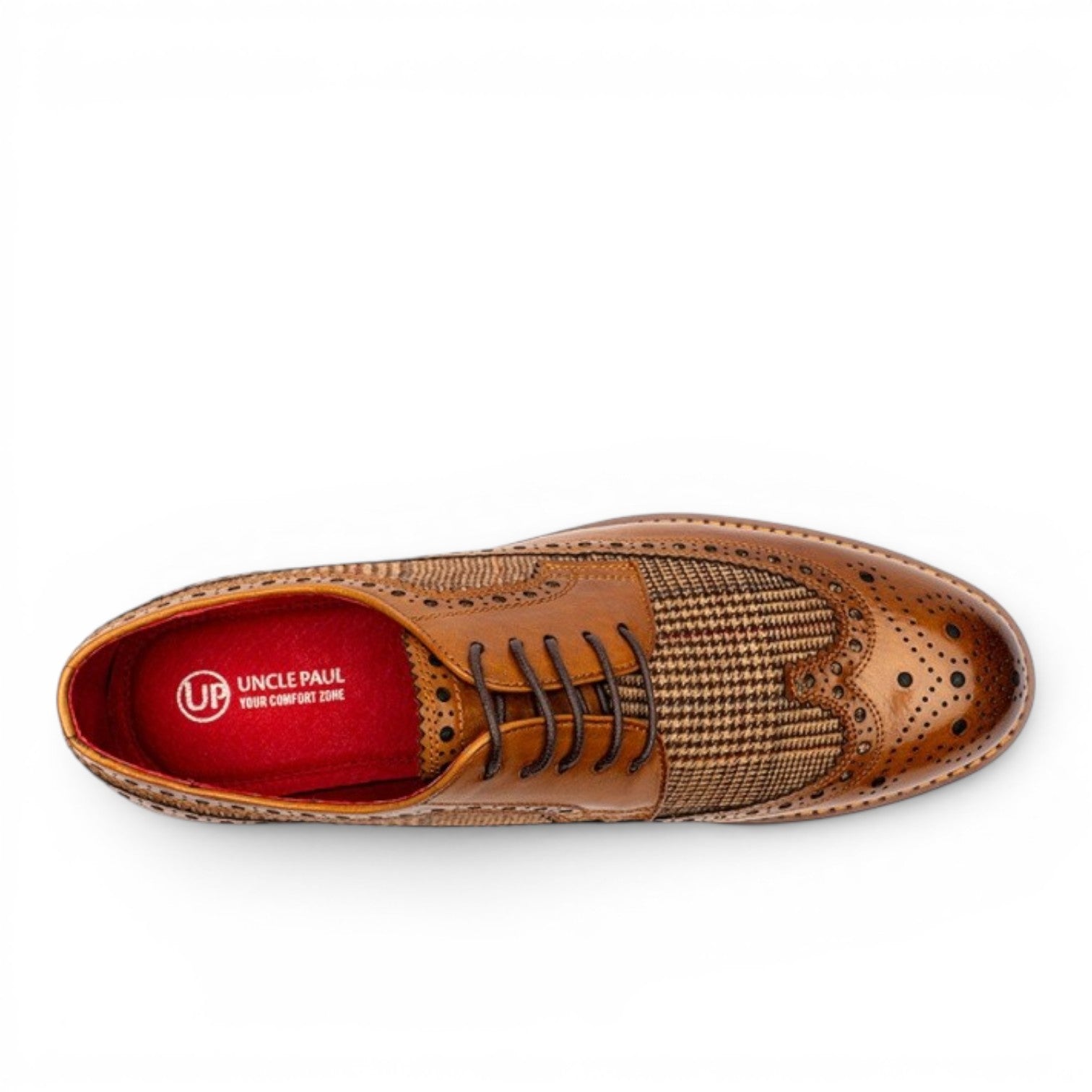 Uncle Paul ROLF tan leather and tweed wingtip derby shoes with brogue perforations.